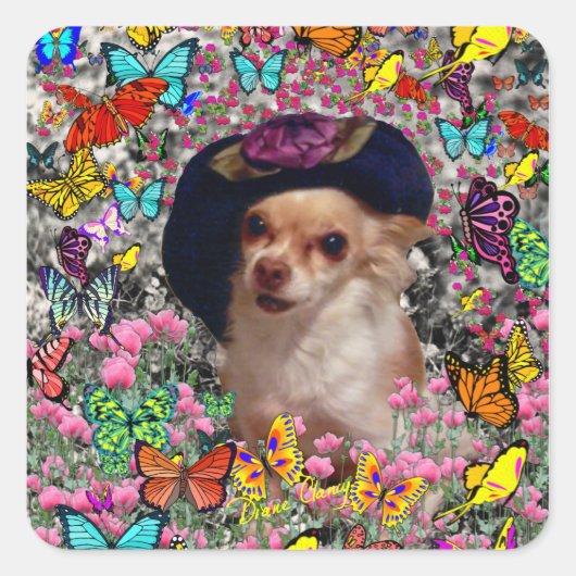 Chi Chi in Vlinders - Chihuahua Puppy in Pet Vierkante Sticker (Voorkant)
