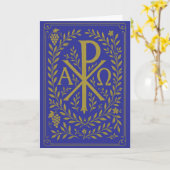 Chi Rho Alpha Omega Gouden Symbool op Blauwe Achte Kaart (Gele Bloem)
