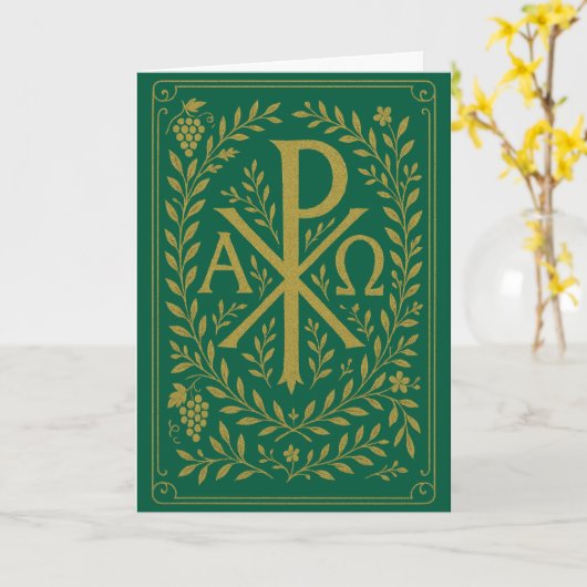 Chi Rho Alpha Omega Gouden Symbool op Groen Kaart (Gele Bloem)