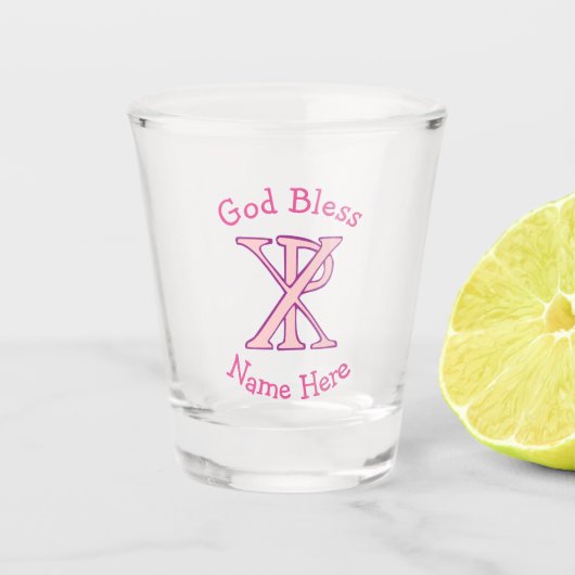 Chi Ro Christelijk Kruis Roze Persoonlijk Shot Glas (Voorkant)