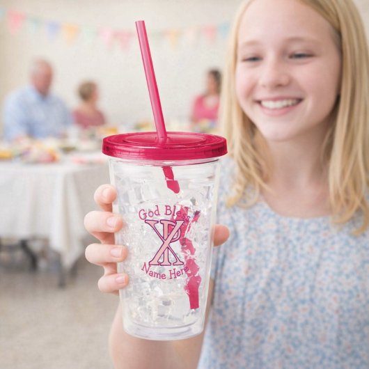 Chi Ro Christian Cross Pink Personalized Acryl Drinkbeker