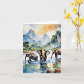 Chiang Mai Elephants Thailand Waterverf Kaart (Gele Bloem)