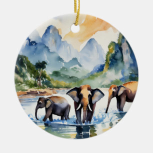 Chiang Mai Elephants Thailand Waterverf Keramisch Ornament
