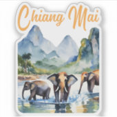 Chiang Mai Elephants Waterverf Sticker (Voorkant)
