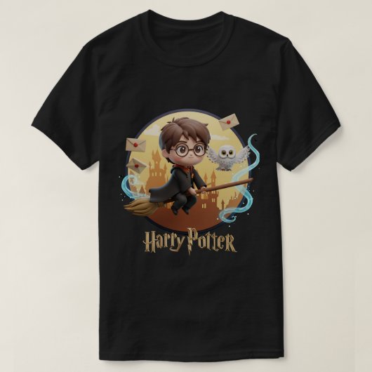 Chibi 3D Harry Potter Vliegen op Broomstick Schatt T-shirt (Design voorkant)