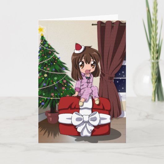 Chibi Anime Kerstmis - blanco Feestdagen Kaart (Voorkant)