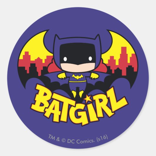 Chibi Batgirl met Gotham Skyline en Logo Ronde Sticker (Voorkant)