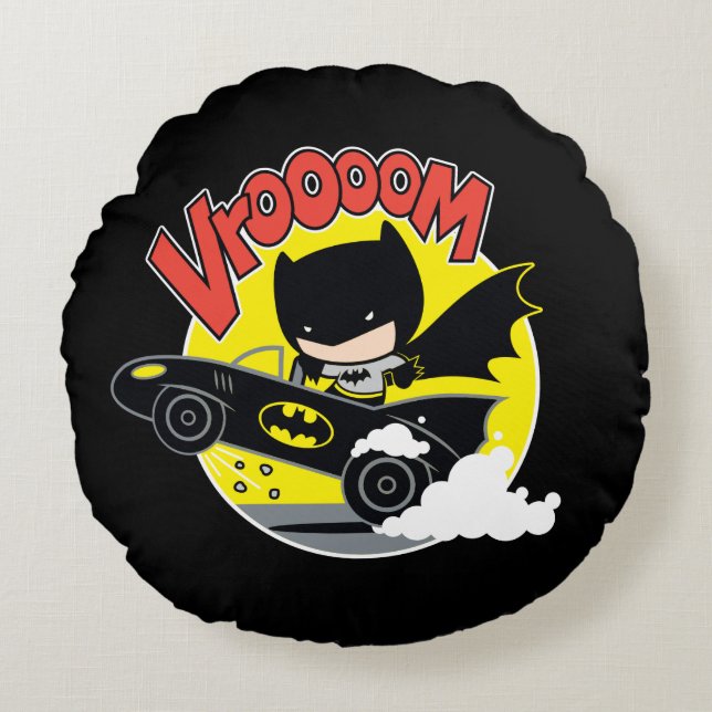 Chibi Batman in Batmobile Rond Kussen (Voorkant)