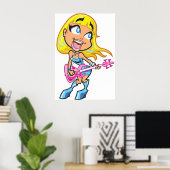 Chibi Blonde Girl Rocker Playing Pink Bass Guitar Poster (Thuiskantoor)
