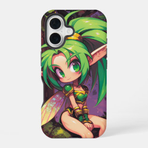 Chibi bosnimf bij schemering — Smaragdenvleugels iPhone 16 Hoesje