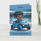 Chibi Boy dreads raceauto Verjaardag Kaart (Voorkant)