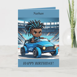 Chibi Boy dreads raceauto Verjaardag Kaart