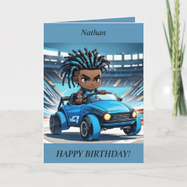 Chibi Boy dreads raceauto Verjaardag Kaart