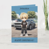 Chibi Boy staande bij een auto Verjaardag Kaart (Voorkant)