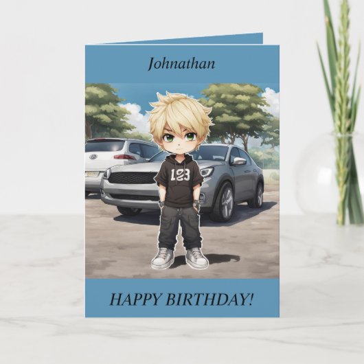 Chibi Boy staande bij een auto Verjaardag Kaart (Voorkant)