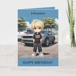 Chibi Boy staande bij een auto Verjaardag Kaart