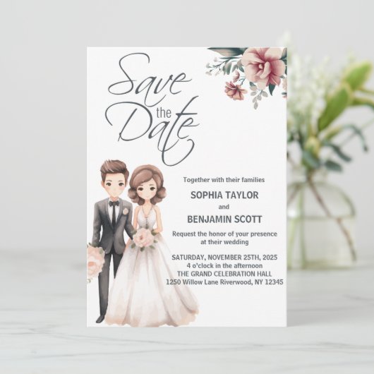 Chibi bruidegom en bruid bruiloft uitnodiging (Staand voorkant)