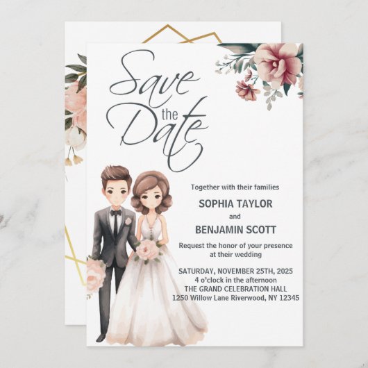 Chibi bruidegom en bruid bruiloft uitnodiging (Voorkant / Achterkant)