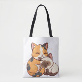 Chibi Cat Nap – Calico & Siamese Sleeping Together Tote Bag (Voorkant)