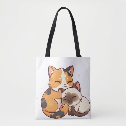 Chibi Cat Nap – Calico & Siamese Sleeping Together Tote Bag (Voorkant)
