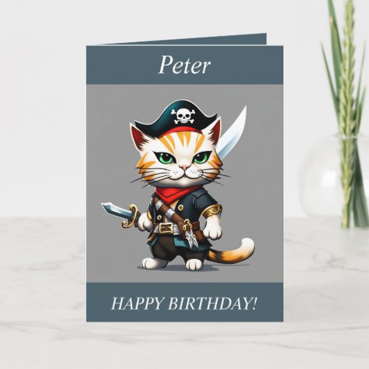 Chibi Cat verkleed als een Pirate Birthday Kaart (Voorkant)