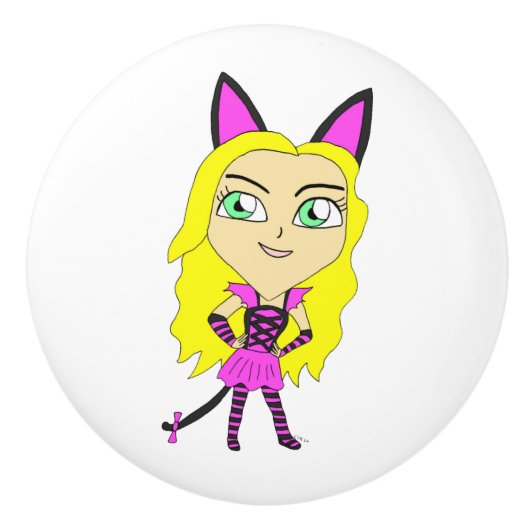 chibi catgirl keramische knop (Voorkant)