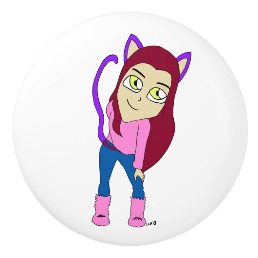 chibi catgirl keramische knop (Voorkant)