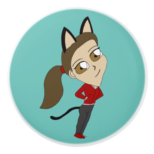 chibi catgirl keramische knop (Voorkant)