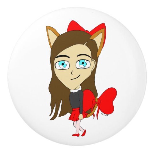 chibi catgirl keramische knop (Voorkant)