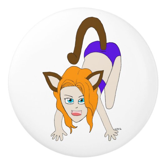 chibi catgirl keramische knop (Voorkant)