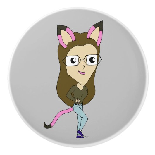 chibi catgirl keramische knop (Voorkant)