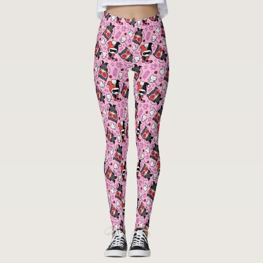 Chibi Catwoman, Harley Quinn, en Kittens Pattern Leggings (Voorkant)