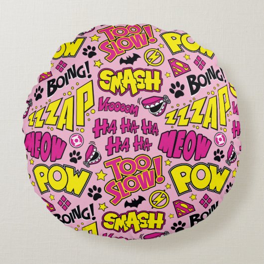 Chibi Comic Phrases en Logos Pattern Rond Kussen (Voorkant)