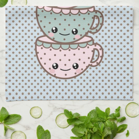 Chibi Dotty Teacup Stack Pink and Blue Theedoek (Gevouwen)
