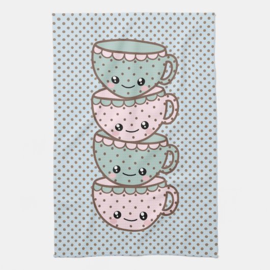 Chibi Dotty Teacup Stack Pink and Blue Theedoek (Verticaal)