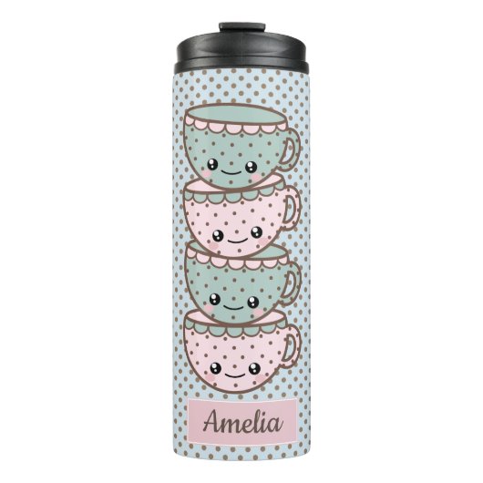 Chibi Dotty Teacup Stack Pink en Blue Thermosbeker (Voorkant)