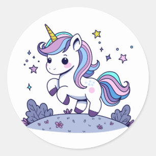 Chibi Eenhoorn Paars Blauw Roze Ronde Sticker