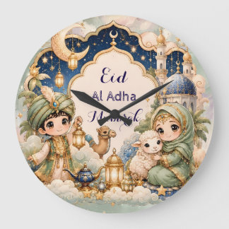 Chibi Eid Al Adha Mubarak Kinderen Moslim Grote Klok