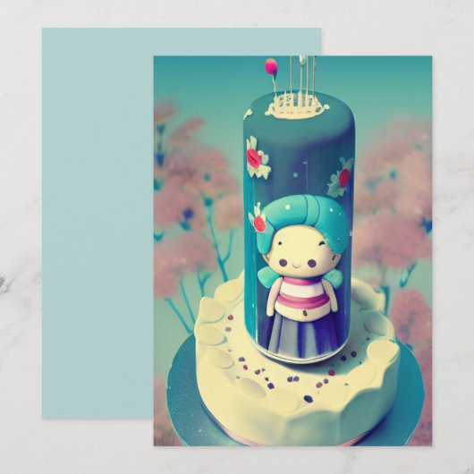 Chibi faery oma verjaardagstaart groene rode bloem feestdagenkaart (Voorkant / Achterkant)