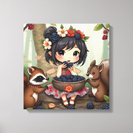 Chibi Fairy Eating Blackberries with Forest Friend Canvas Afdruk