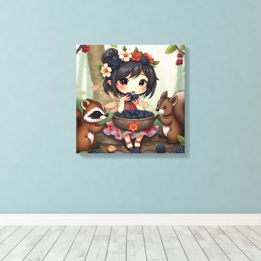 Chibi Fairy Eating Blackberries with Forest Friend Canvas Afdruk (Insitu (Houten vloer))