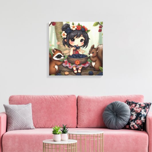 Chibi Fairy Eating Blackberries with Forest Friend Canvas Afdruk (Insitu (Woonkamer))