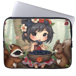 Chibi Fairy Eating Blackberries with Forest Friend Laptop Sleeve