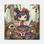 Chibi Fairy Eating Blackberries with Forest Friend Magneet (Voorkant)