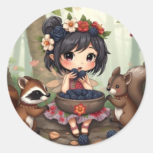 Chibi Fairy Eating Blackberries with Forest Friend Ronde Sticker (Voorkant)