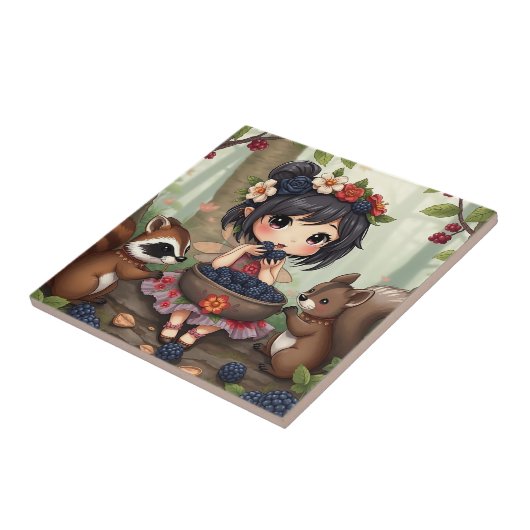 Chibi Fairy Eating Blackberries with Forest Friend Tegeltje (Zijkant)