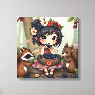 Chibi Fee Die Bramen Eet Met Bosvrienden Canvas Afdruk