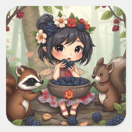 Chibi Fee Eet Zwartbes Met Bosvriend Vierkante Sticker (Voorkant)