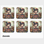 Chibi Fee Eet Zwartbes Met Bosvriend Vierkante Sticker (Vel)