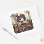 Chibi Fee Eet Zwartbes Met Bosvriend Vierkante Sticker (Envelop)